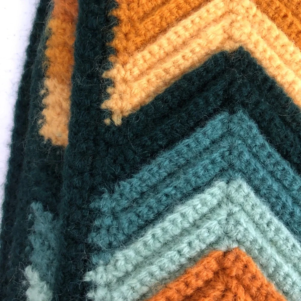Chevron Patterned Afghan Fringe Blanket 70” x 50” Greens Golds